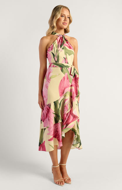 Tara Floral Print Halter Dress With Waterfall Hem - Oasis Lemon