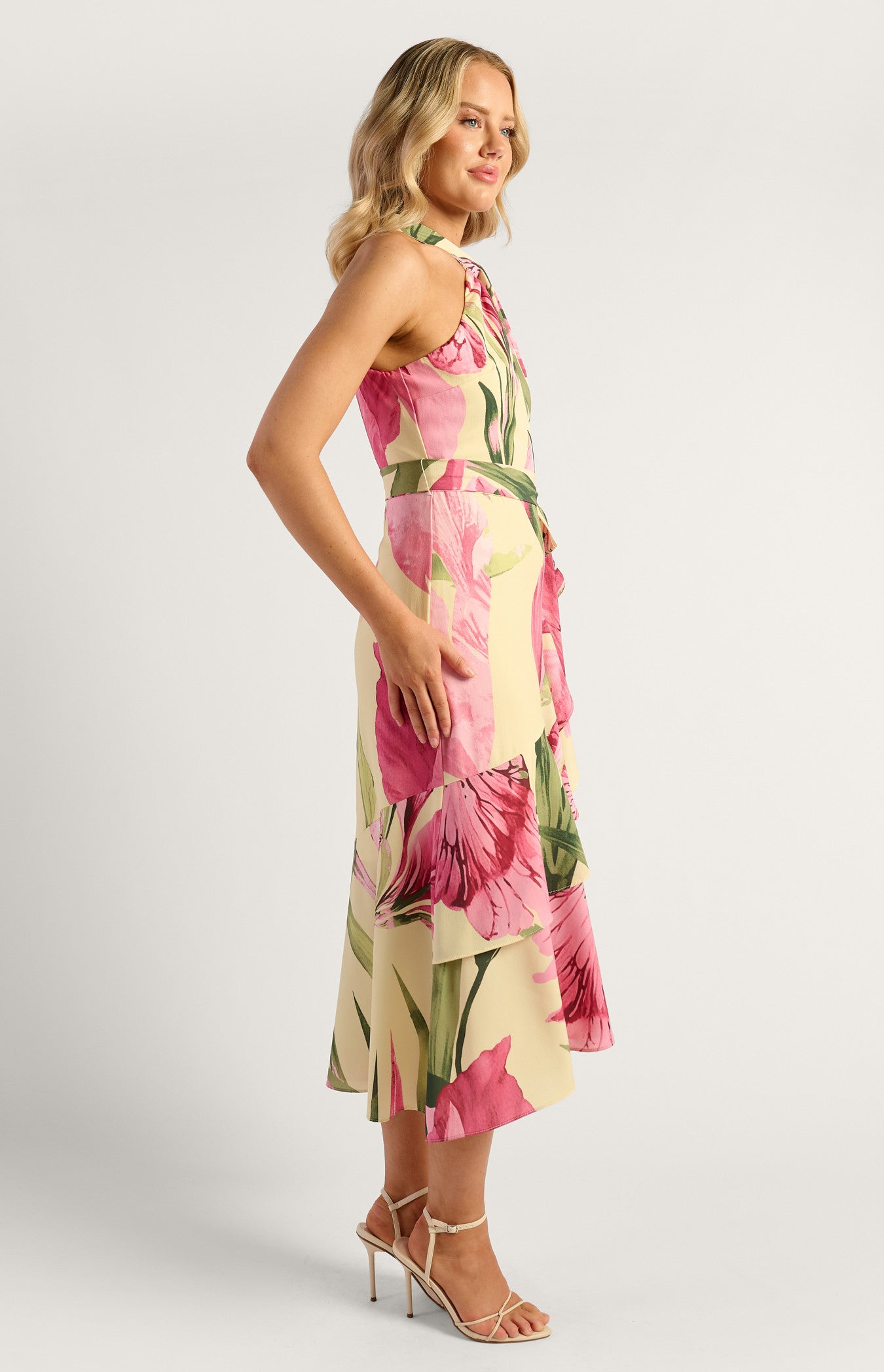 Tara Floral Print Halter Dress With Waterfall Hem - Oasis Lemon
