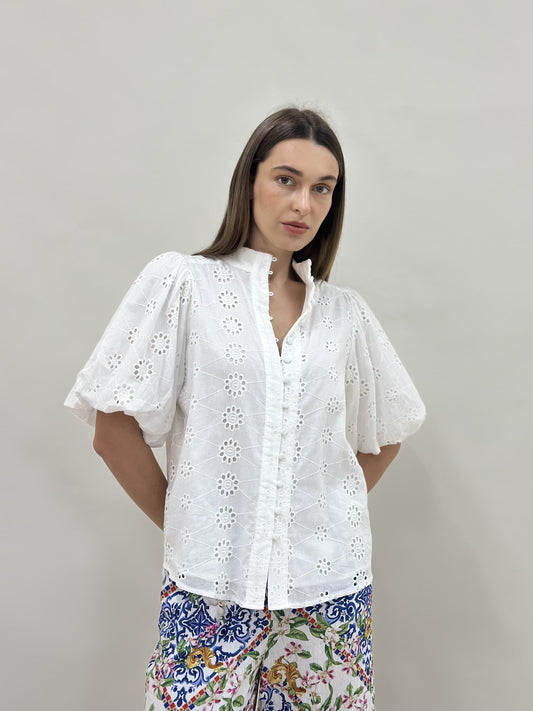 Kayla Button Up Cotton Broderie Shirt - White