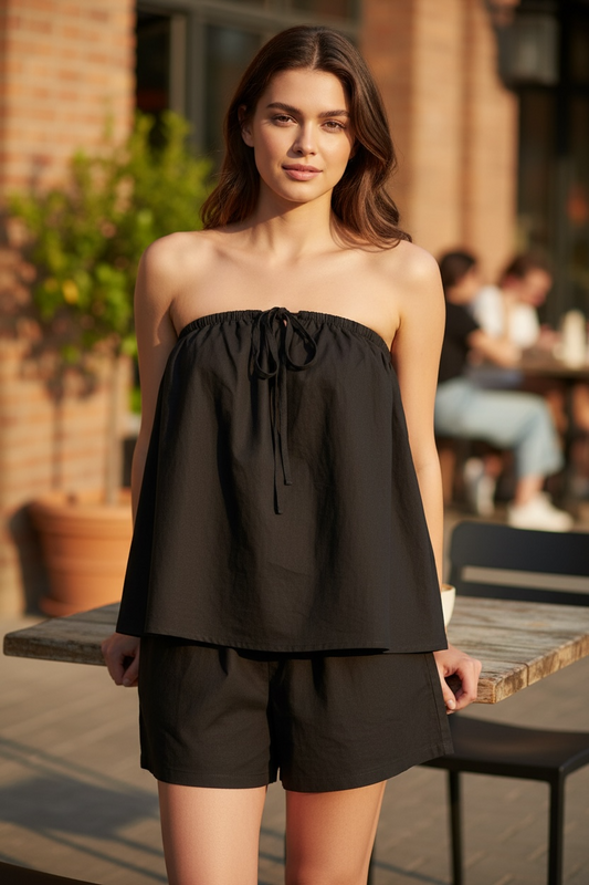 Bella Strapless Tie Tube Top & Shorts Set - Black | By Frankie