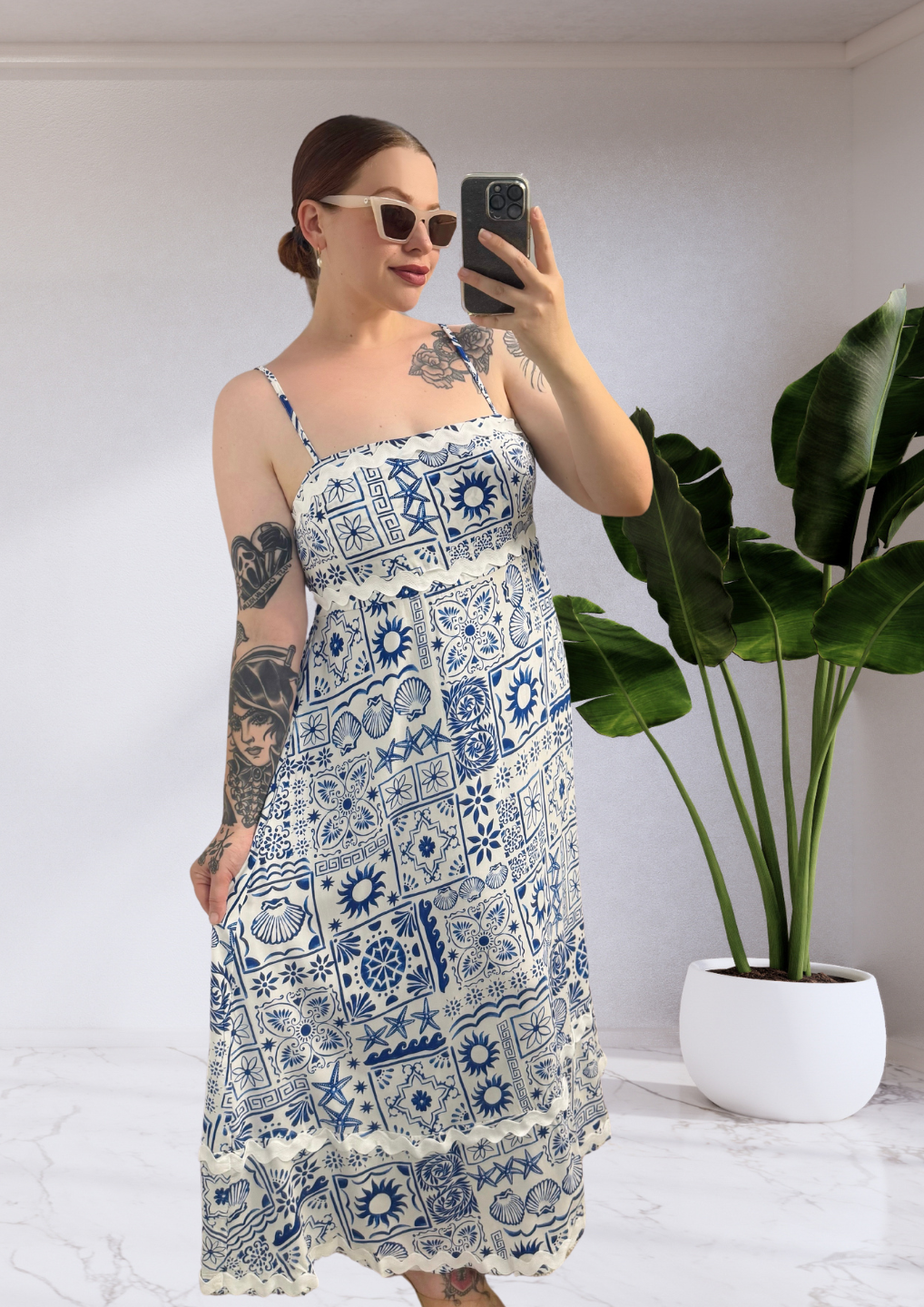 Eden Sleeveless Midi Dress - Blue White