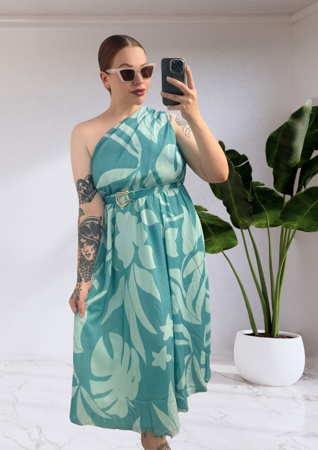 Hannah Floral Chiffon One Shoulder Belted Midi Dress - Teal