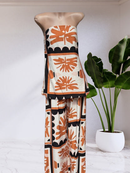 Margot Tube Strapless Top & Pant Set - Rust/Black Palm Print