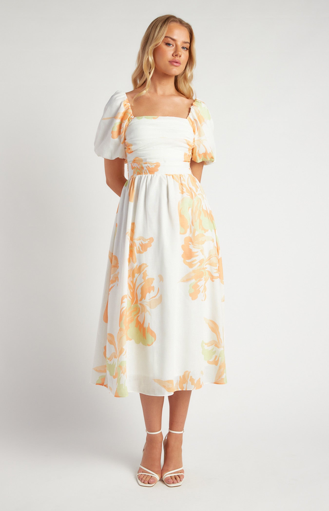 Tracey Pleated Bodice Floral Print Midi Dress - Orange White