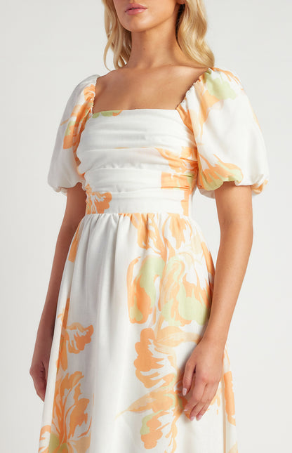 Tracey Pleated Bodice Floral Print Midi Dress - Orange White