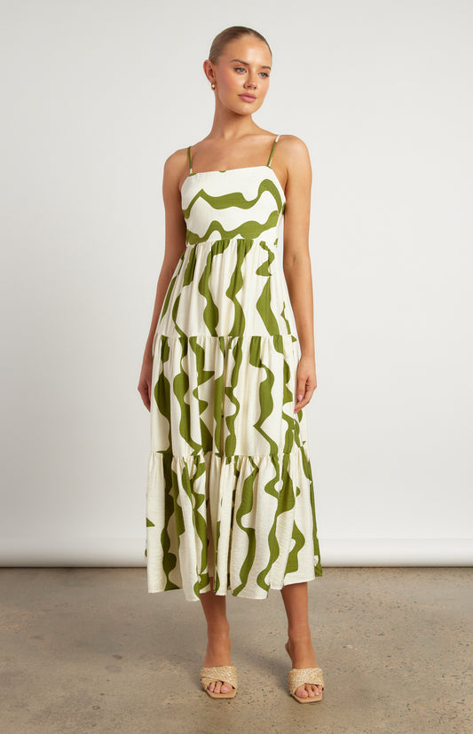 Wave Print Tiered Midi Dress with Tie Back Detail - Green