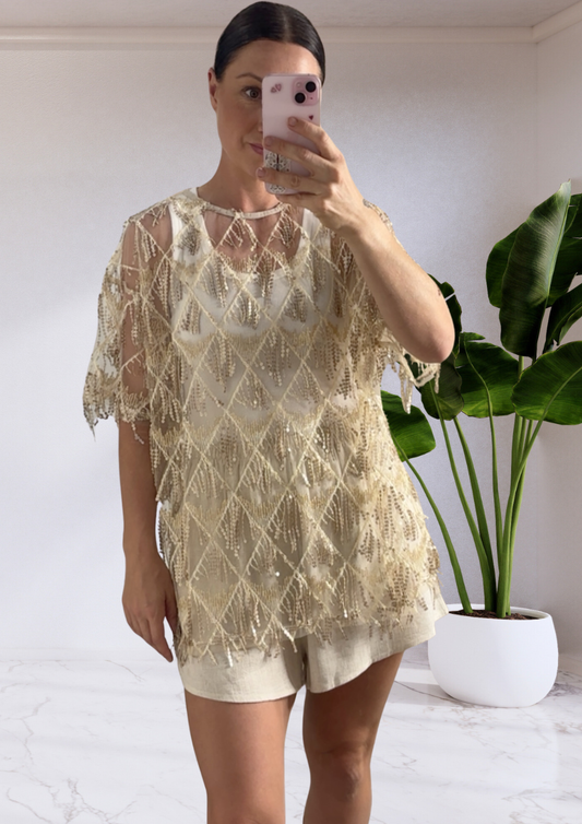 Heather Sequin Oversized Tassel Tee - Gold