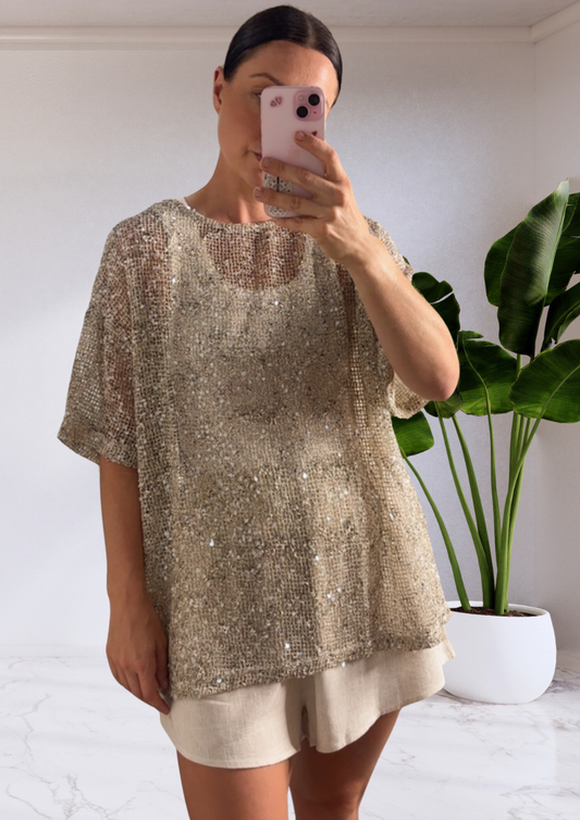 Amber Sequin Oversized Tee - Beige