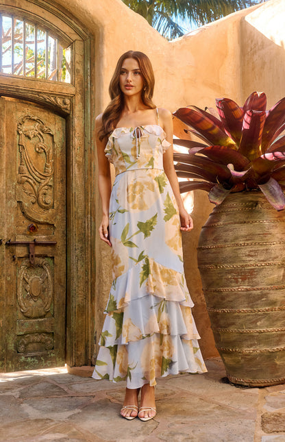 Cara Floral Chiffon Frill Neckline Tiered Hem Dress - Blue