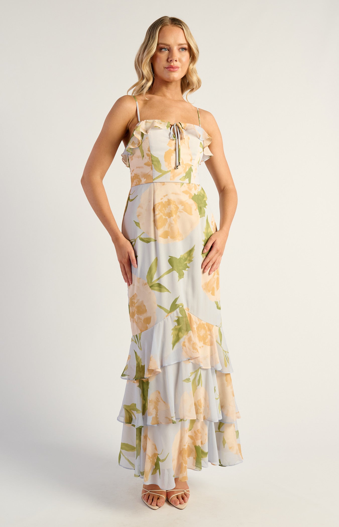 Cara Floral Chiffon Frill Neckline Tiered Hem Dress - Blue