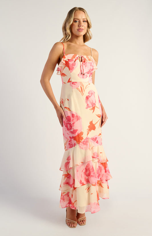 Cara Floral Chiffon Frill Neckline Tiered Hem Maxi Dress - Pink