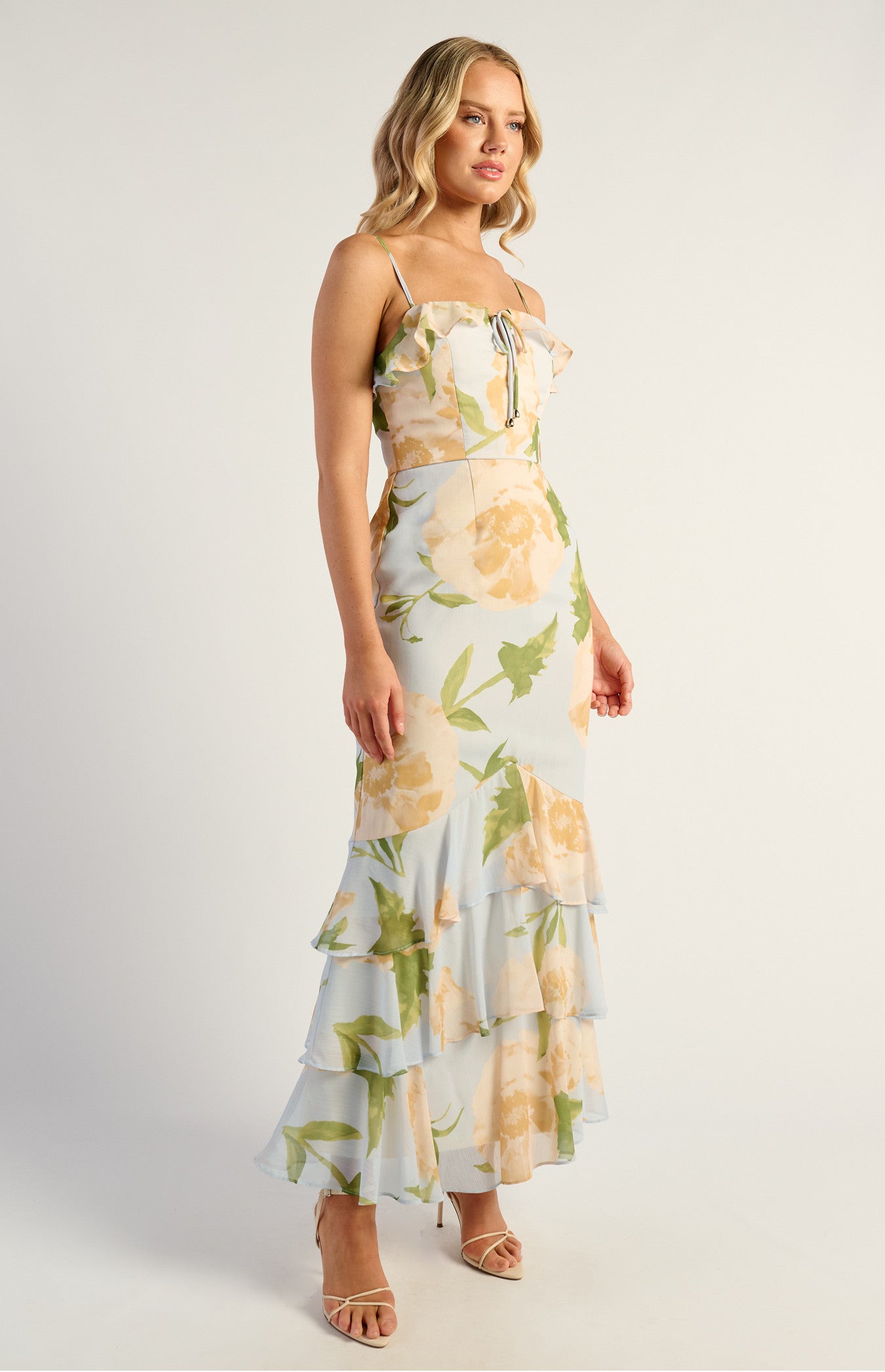 Cara Floral Chiffon Frill Neckline Tiered Hem Dress - Blue