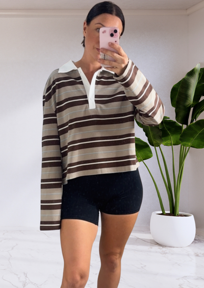 Demi Collared Jersey Shirt - Brown Stripe