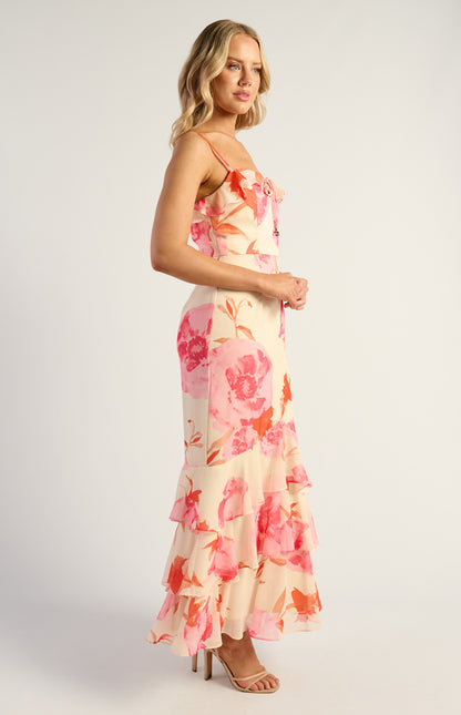 Cara Floral Chiffon Frill Neckline Tiered Hem Maxi Dress - Pink