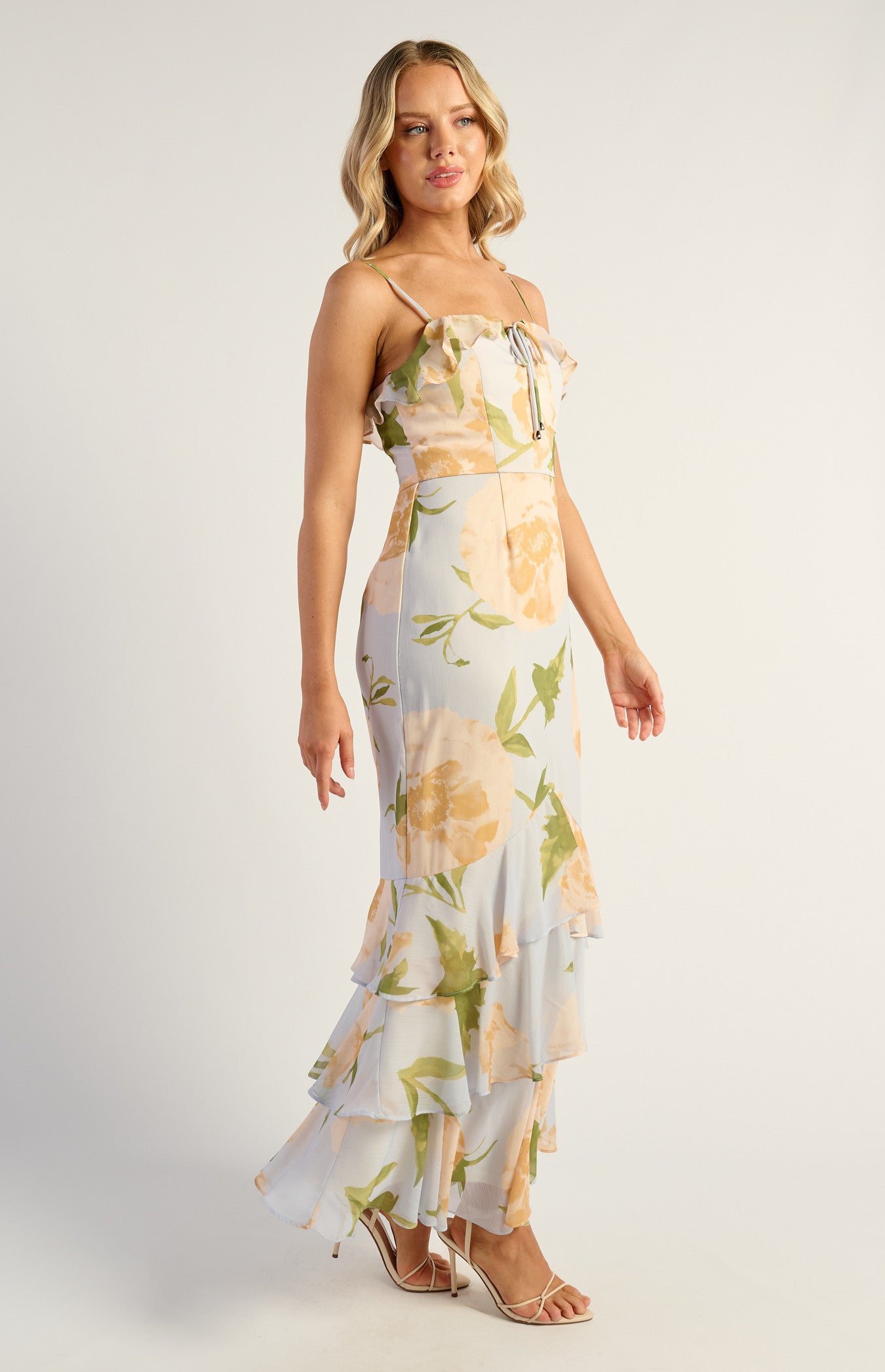 Cara Floral Chiffon Frill Neckline Tiered Hem Dress - Blue