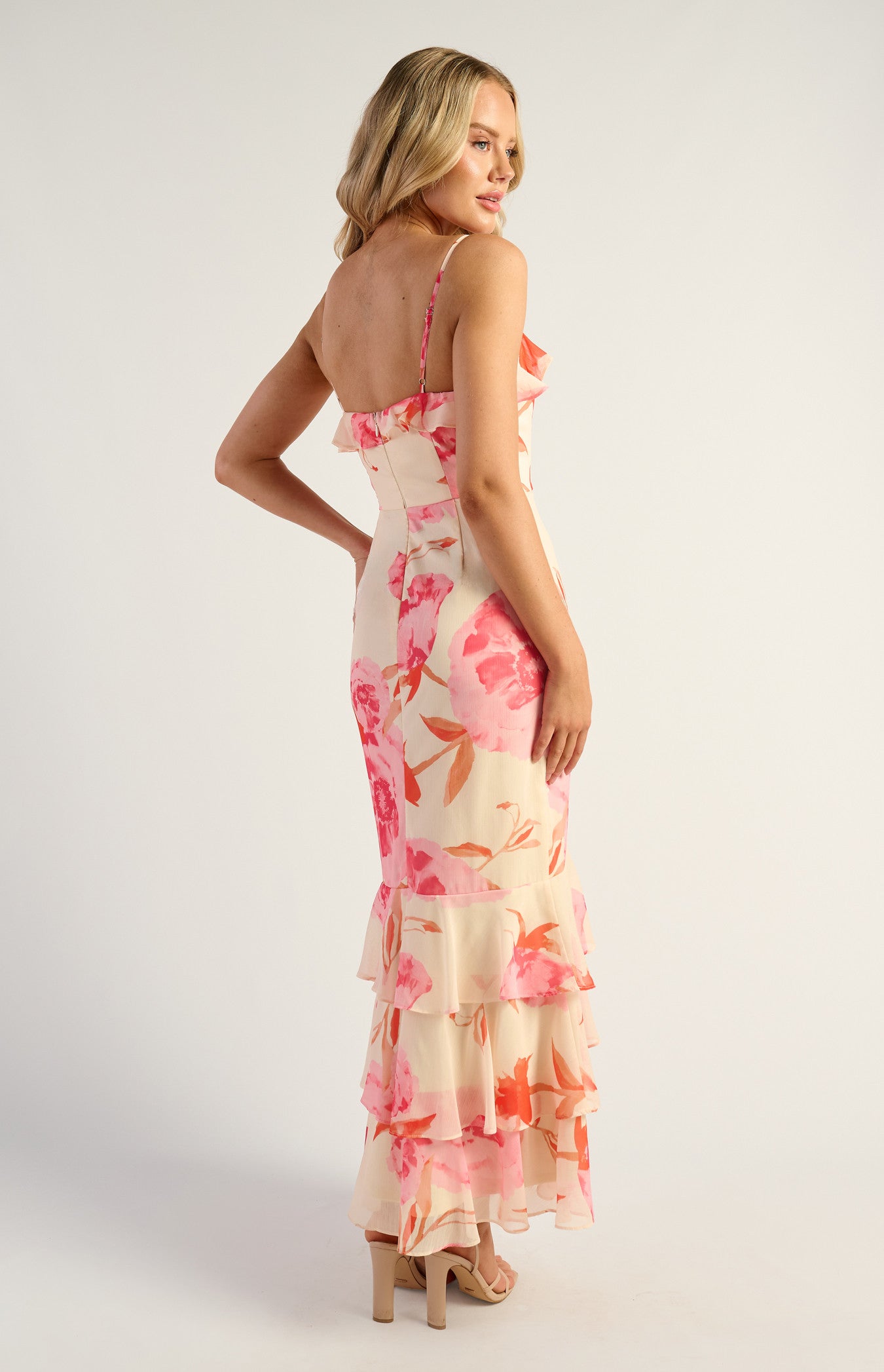 Cara Floral Chiffon Frill Neckline Tiered Hem Maxi Dress - Pink