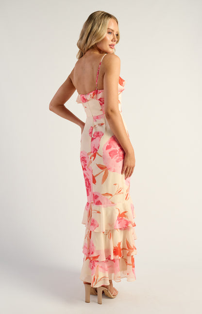 Cara Floral Chiffon Frill Neckline Tiered Hem Maxi Dress - Pink