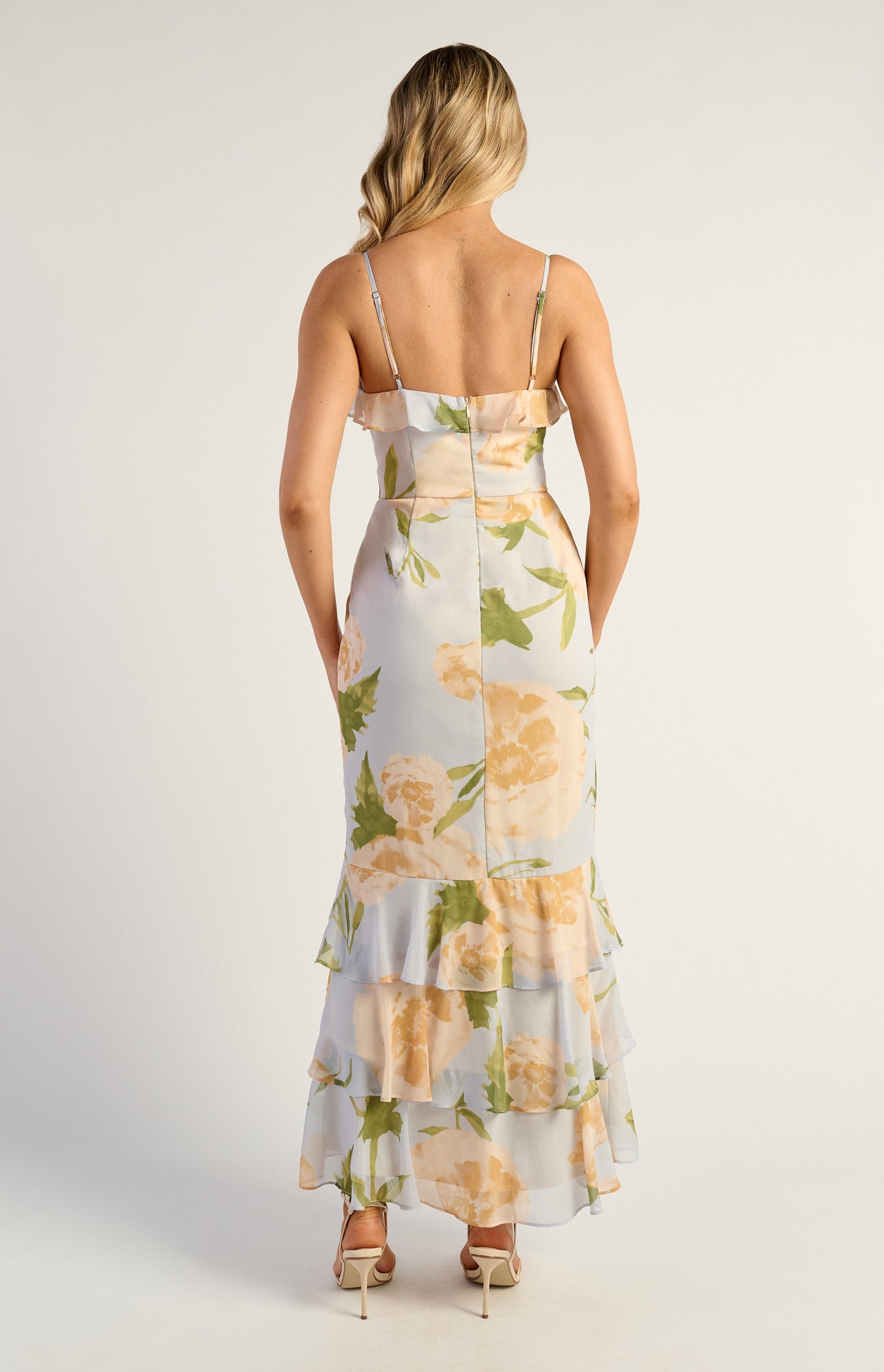 Cara Floral Chiffon Frill Neckline Tiered Hem Dress - Blue