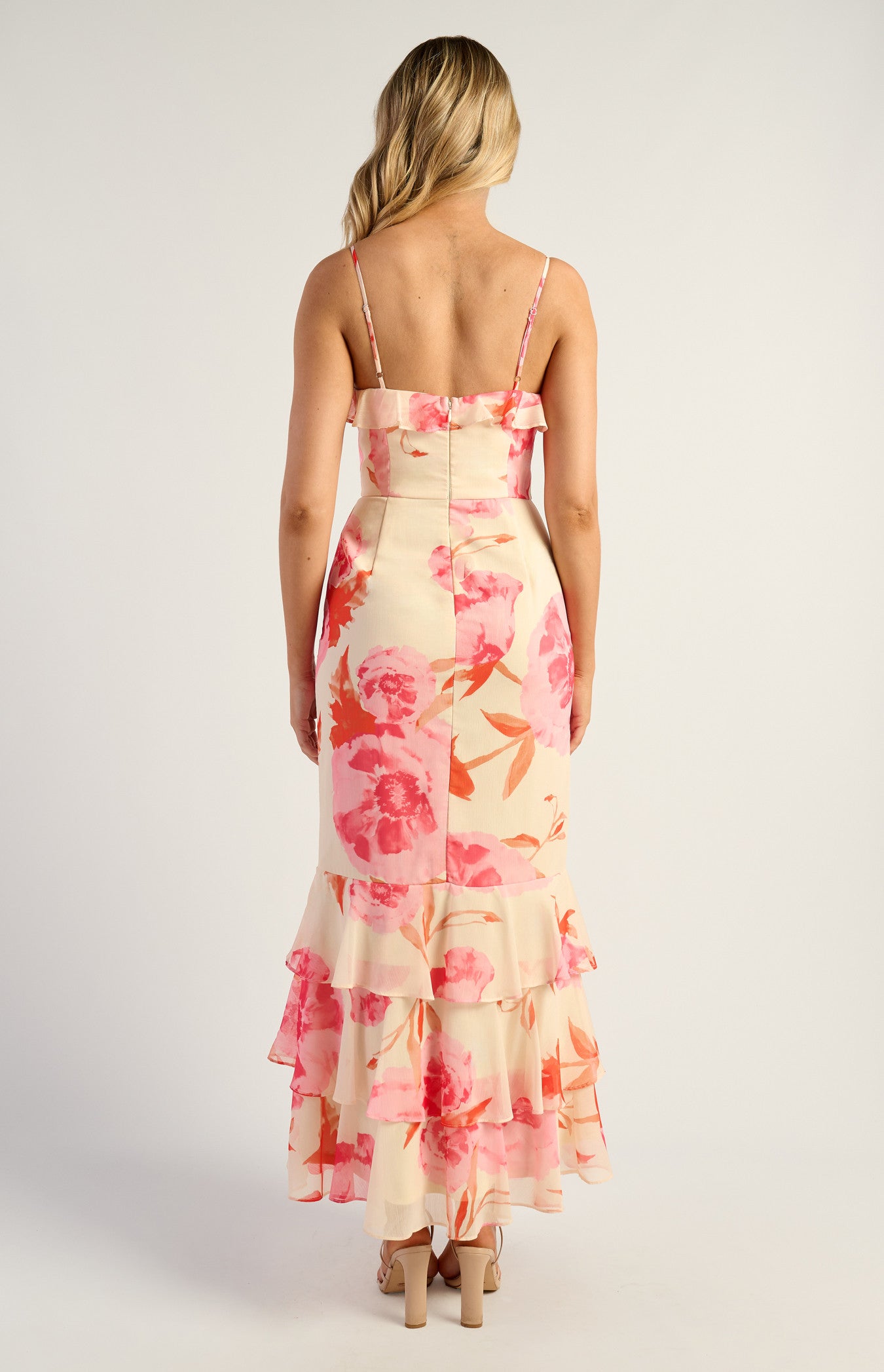 Cara Floral Chiffon Frill Neckline Tiered Hem Maxi Dress - Pink