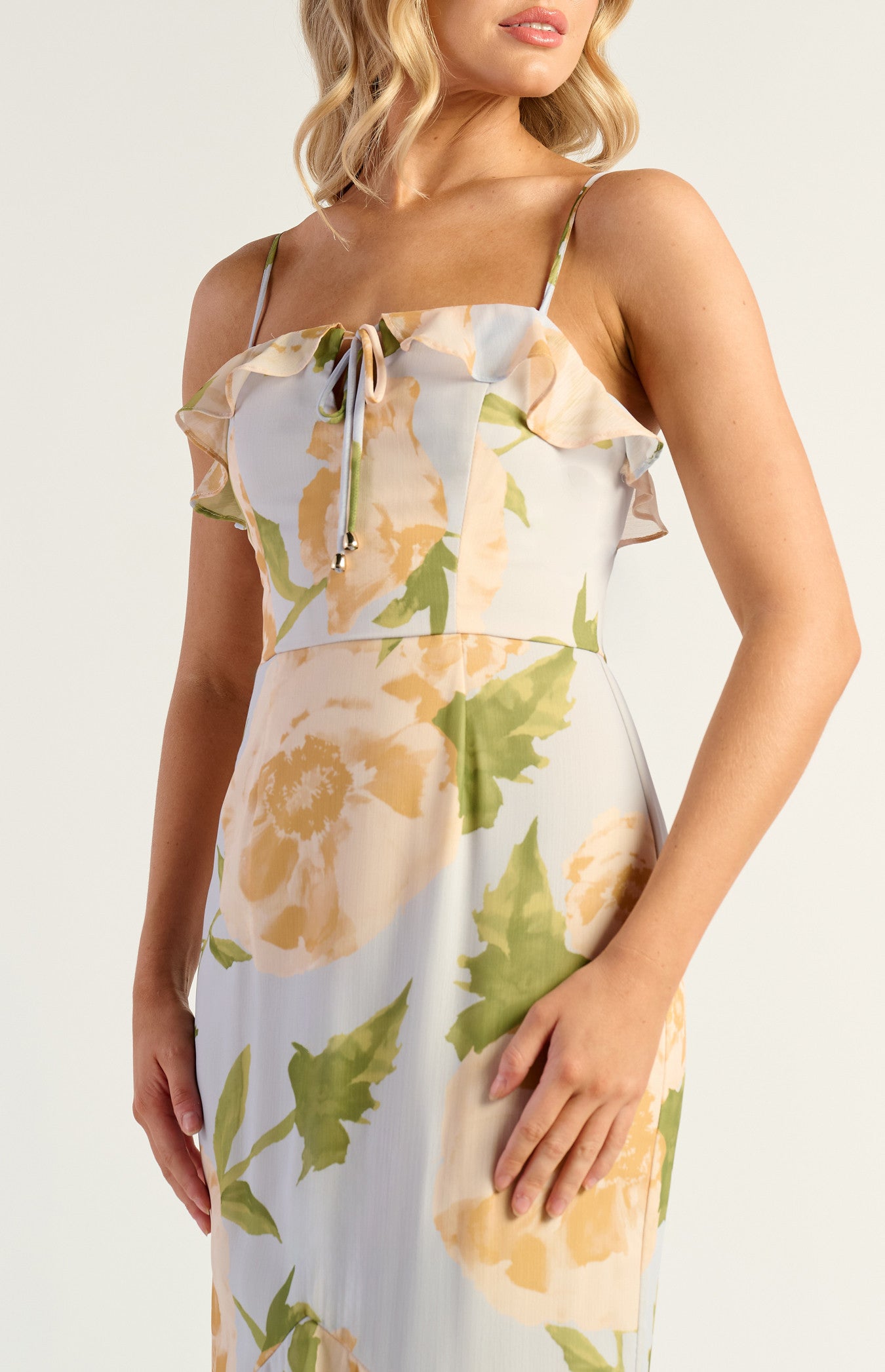 Cara Floral Chiffon Frill Neckline Tiered Hem Dress - Blue