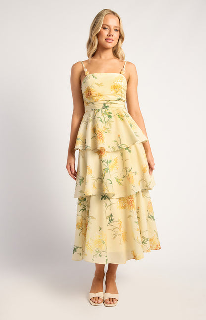 Wispy Florals Tiered Hem Midi Dress With Beaded Strap Details - Yellow