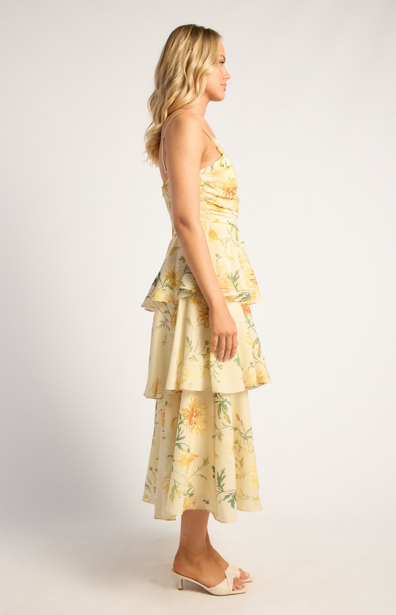 Wispy Florals Tiered Hem Midi Dress With Beaded Strap Details - Yellow