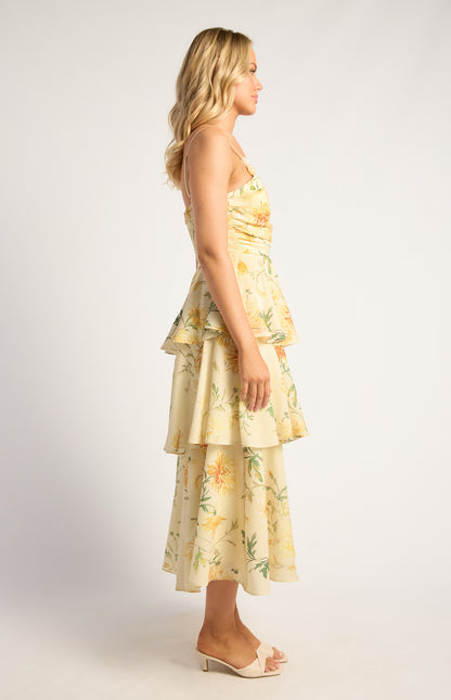 Wispy Florals Tiered Hem Midi Dress With Beaded Strap Details - Yellow