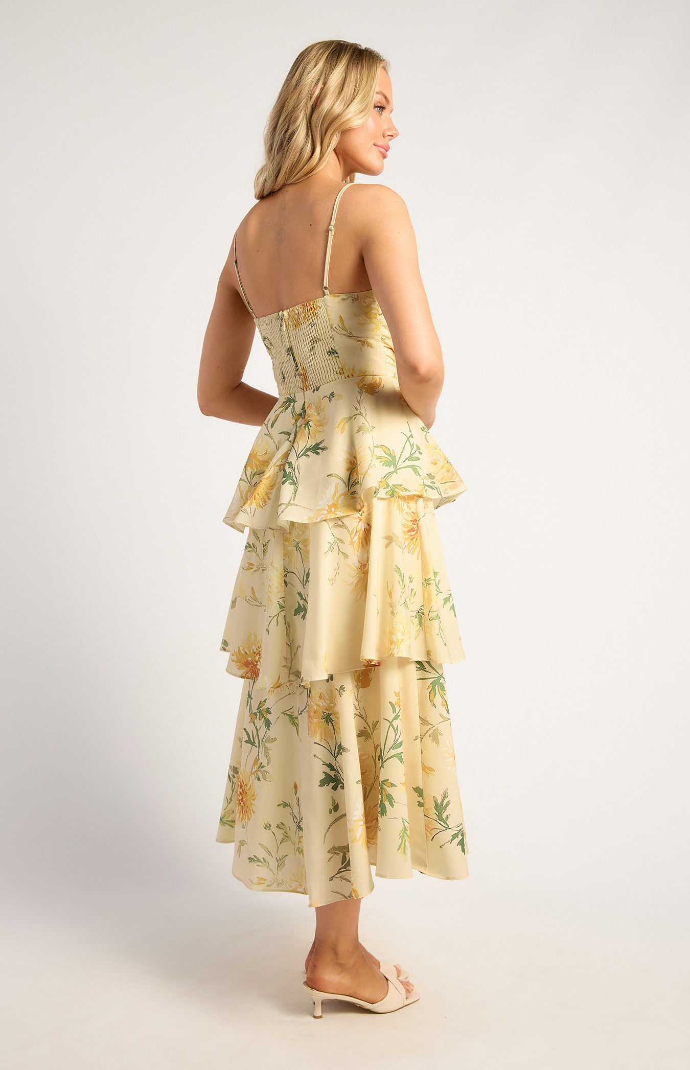Wispy Florals Tiered Hem Midi Dress With Beaded Strap Details - Yellow