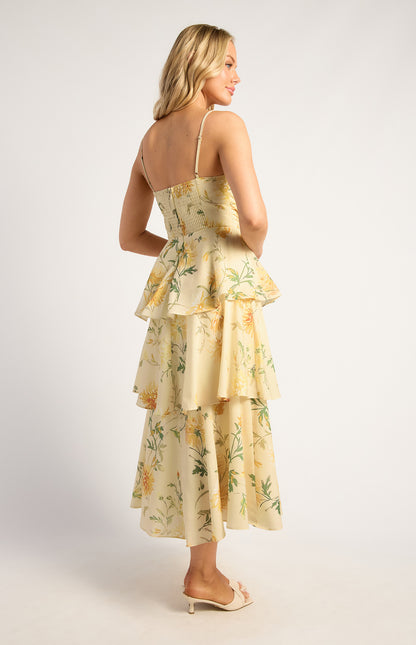 Wispy Florals Tiered Hem Midi Dress With Beaded Strap Details - Yellow