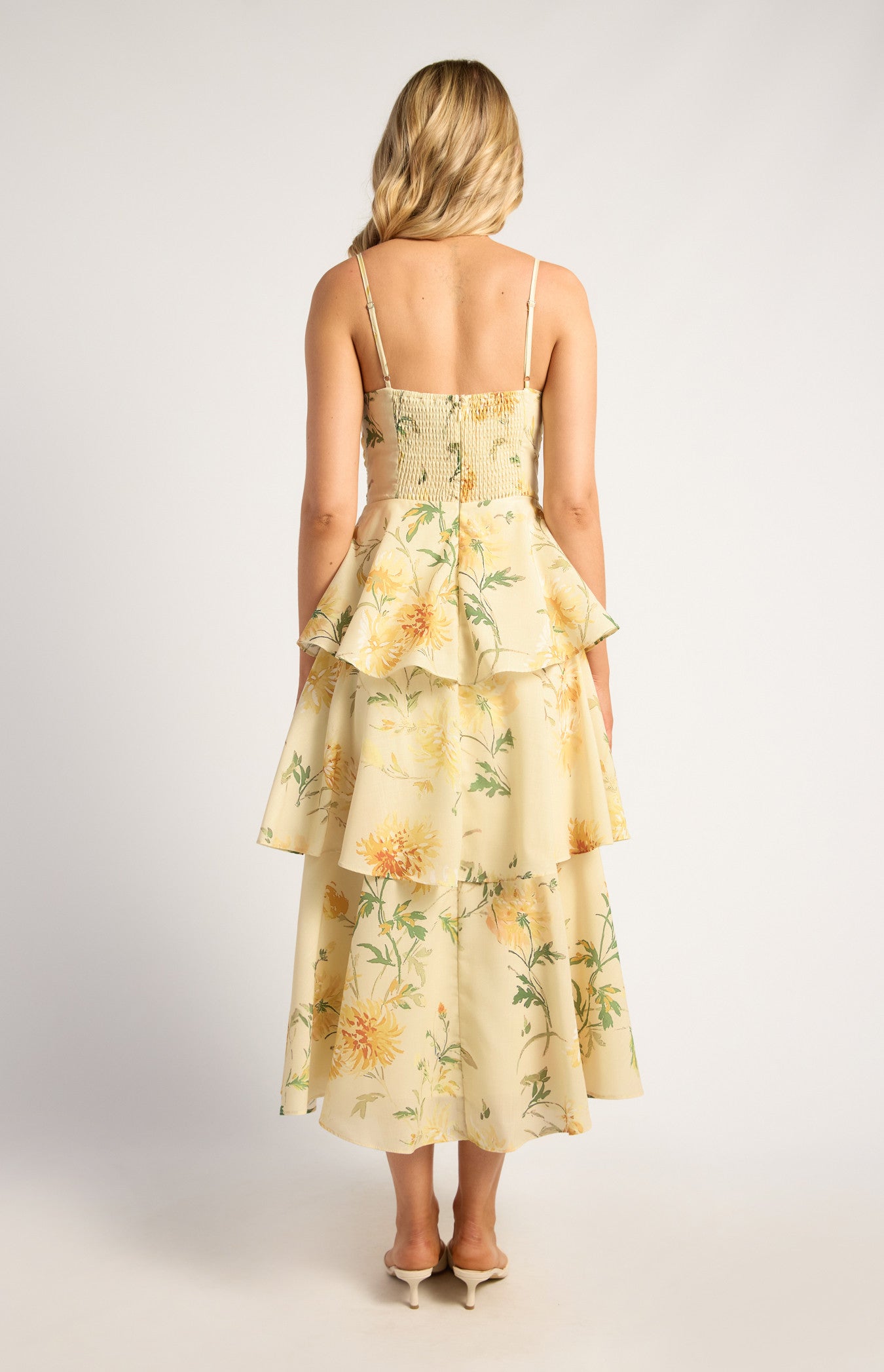 Wispy Florals Tiered Hem Midi Dress With Beaded Strap Details - Yellow