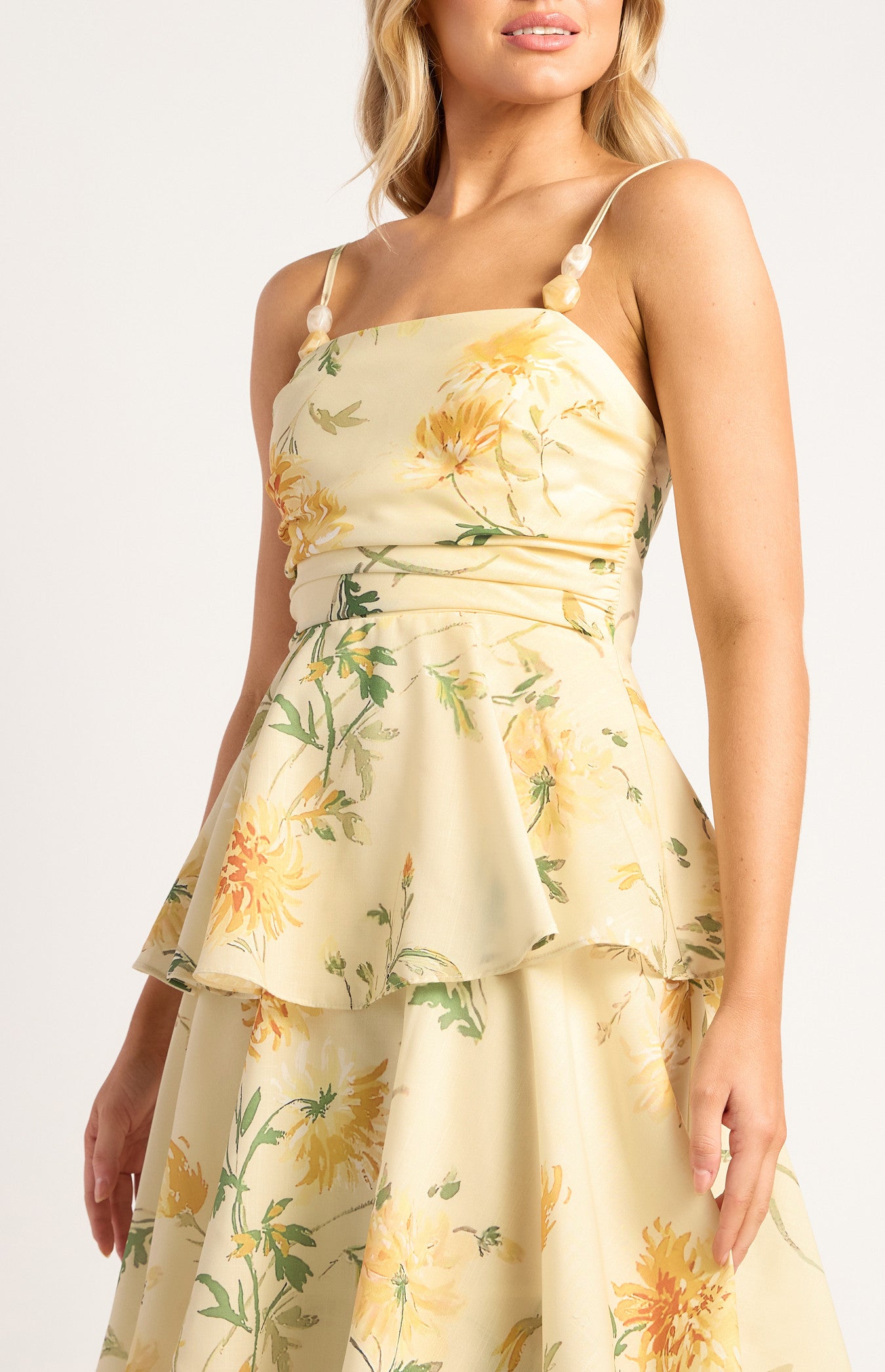Wispy Florals Tiered Hem Midi Dress With Beaded Strap Details - Yellow