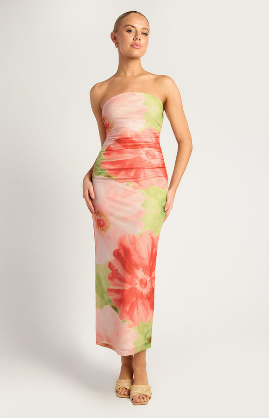 Brooke Contrast Floral Print Strapless Mesh Midi Dress - Coral Green