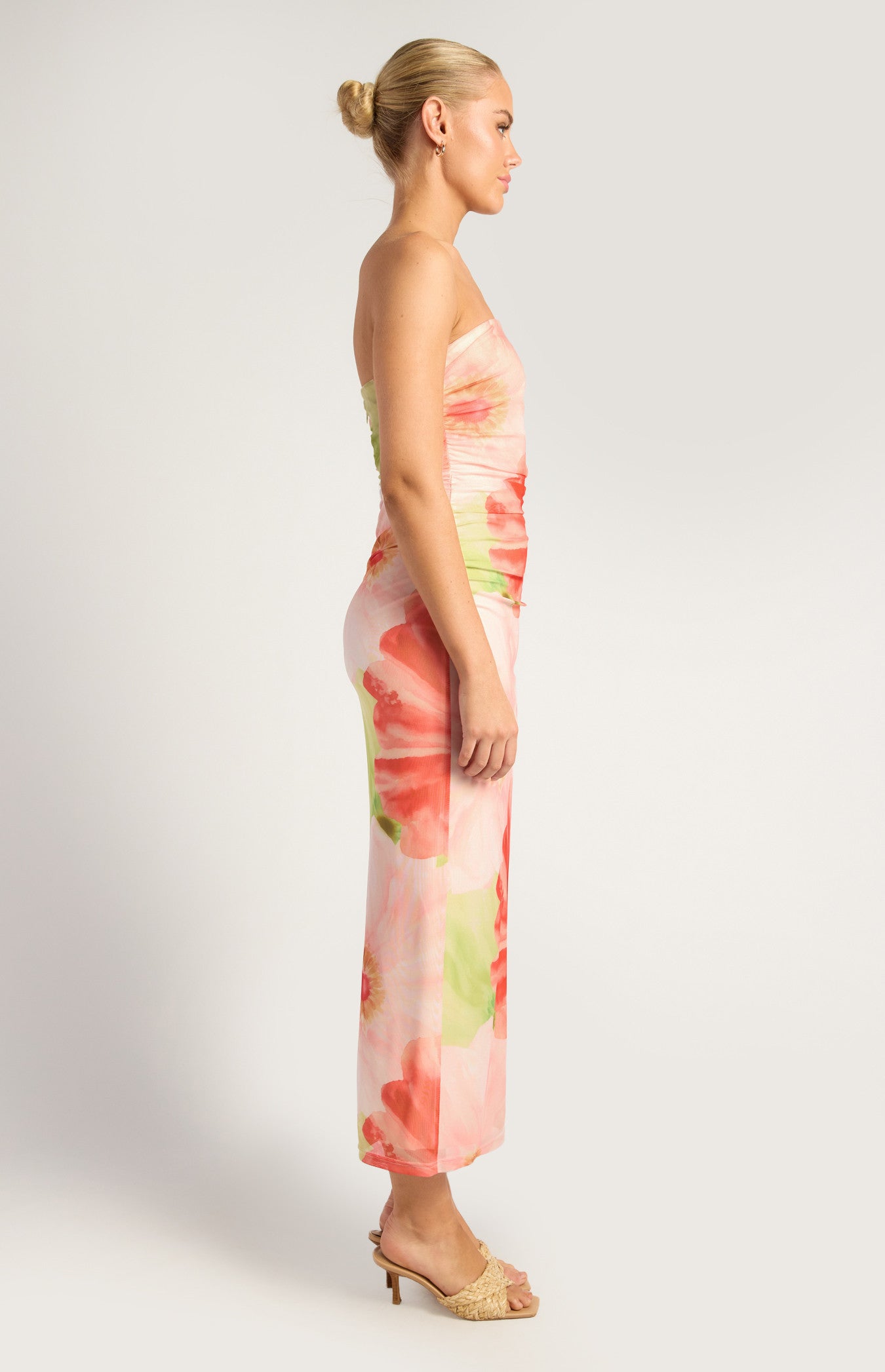 Brooke Contrast Floral Print Strapless Mesh Midi Dress - Coral Green