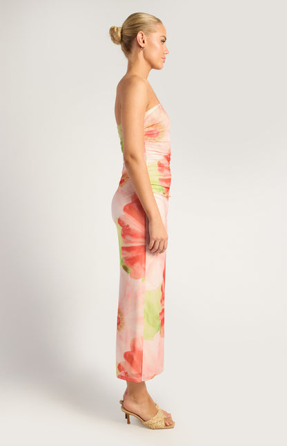 Brooke Contrast Floral Print Strapless Mesh Midi Dress - Coral Green