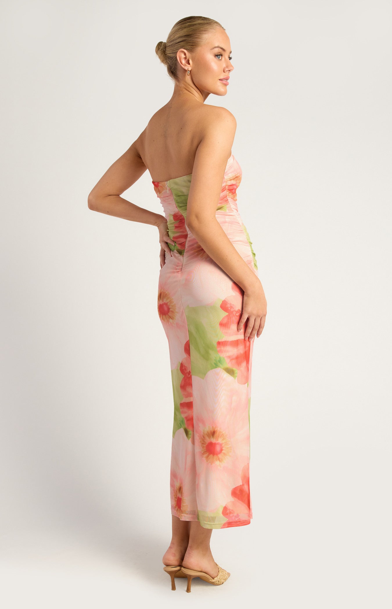 Brooke Contrast Floral Print Strapless Mesh Midi Dress - Coral Green