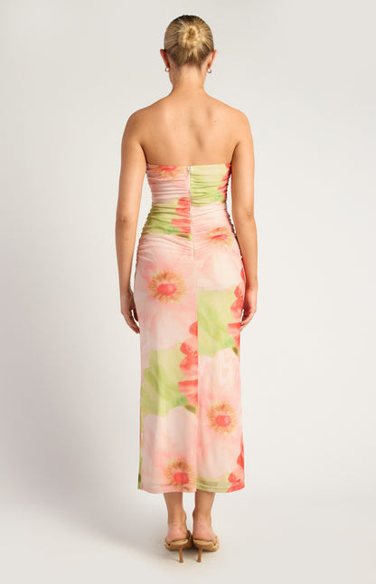 Brooke Contrast Floral Print Strapless Mesh Midi Dress - Coral Green