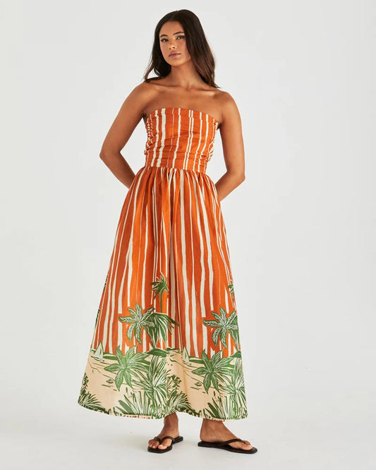 Mina Strapless Maxi Dress- Palm Stripe