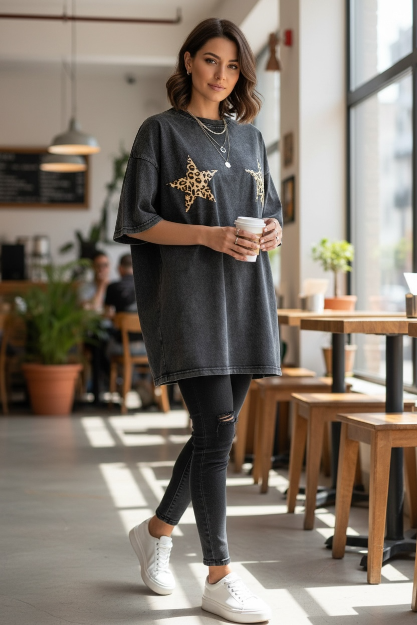 Mya Oversized Tee - Black Acid Wash Leopard Stars