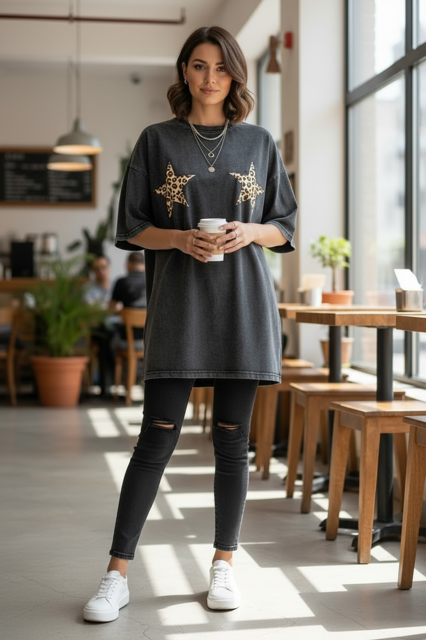 Mya Oversized Tee - Black Acid Wash Leopard Stars