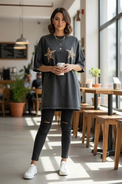 Mya Oversized Tee - Black Acid Wash Leopard Stars