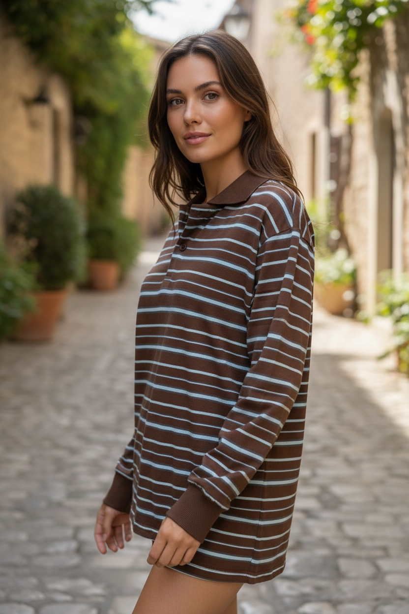 Rugby Jersey Long Sleeves Shirt - Brown Blue Stripe