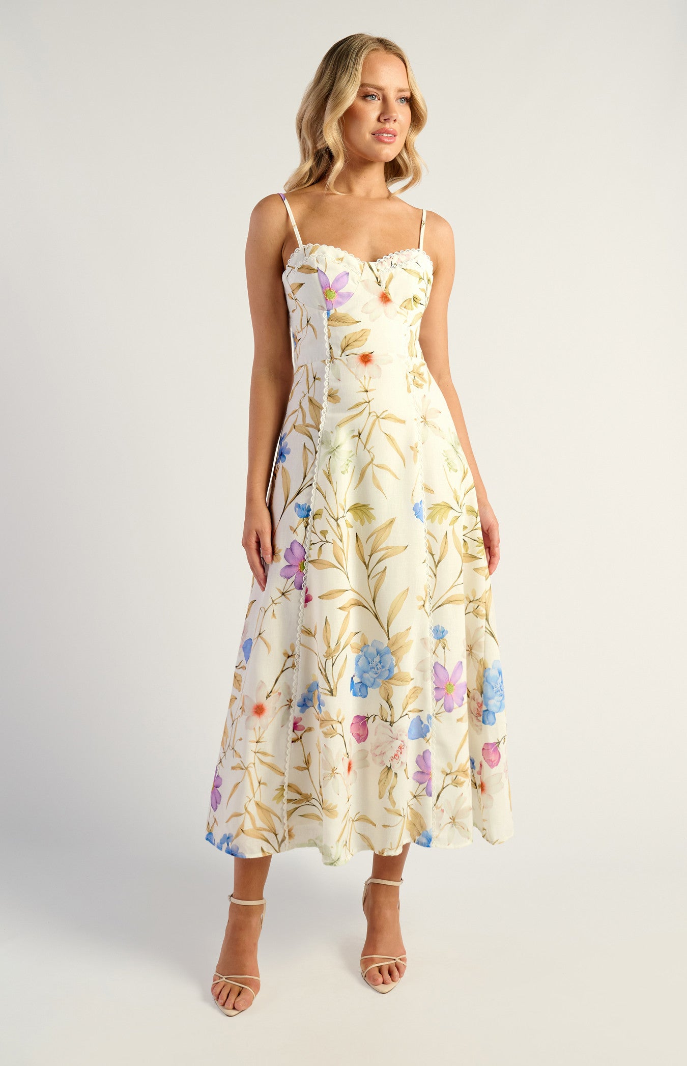 Botanica Floral Faux Linen Bust Detail Midi Dress - Cream Blue