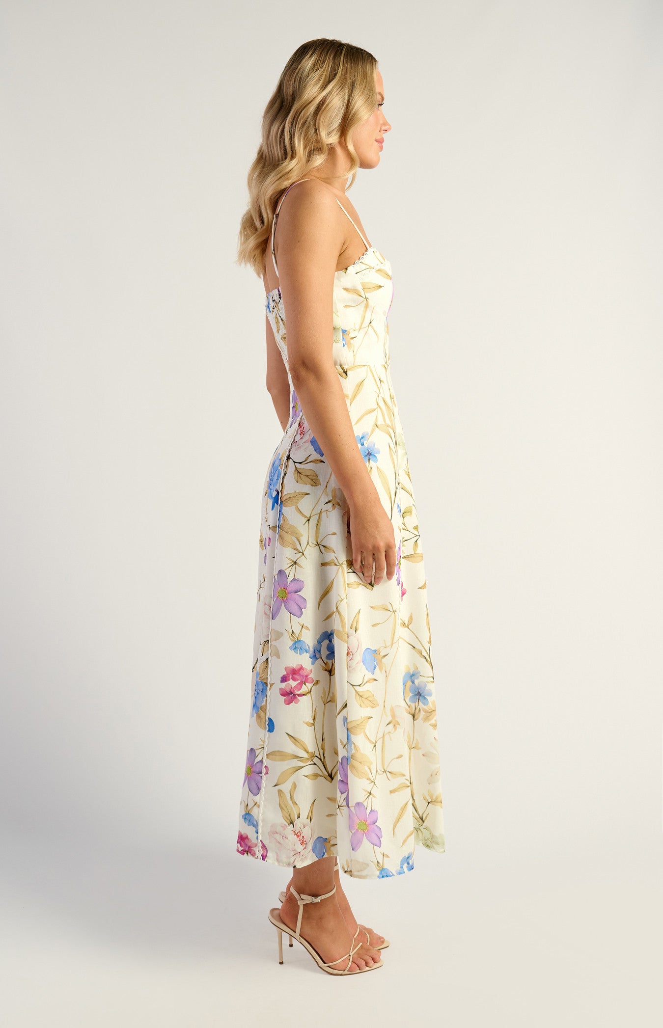 Botanica Floral Faux Linen Bust Detail Midi Dress - Cream Blue