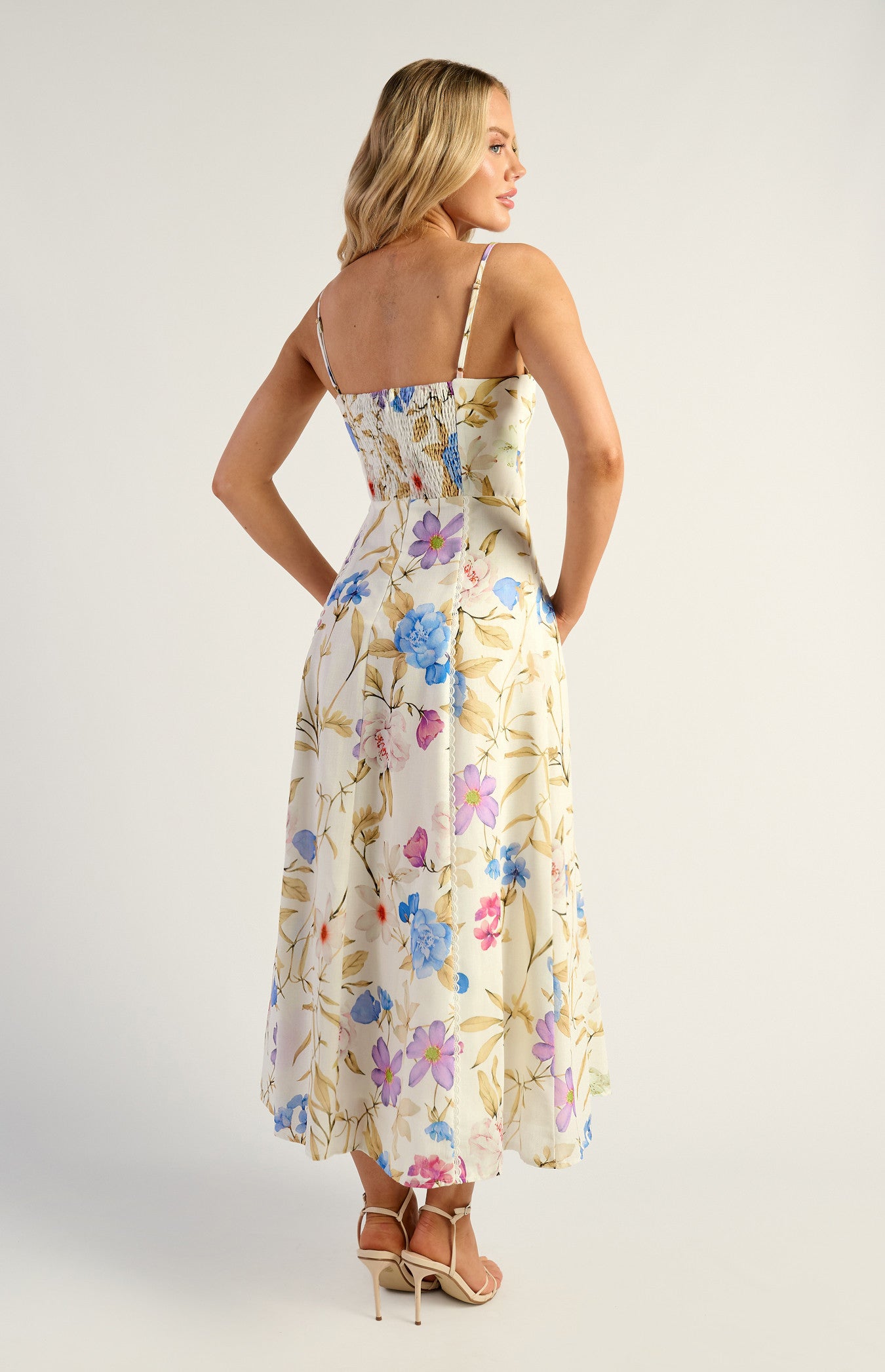 Botanica Floral Faux Linen Bust Detail Midi Dress - Cream Blue
