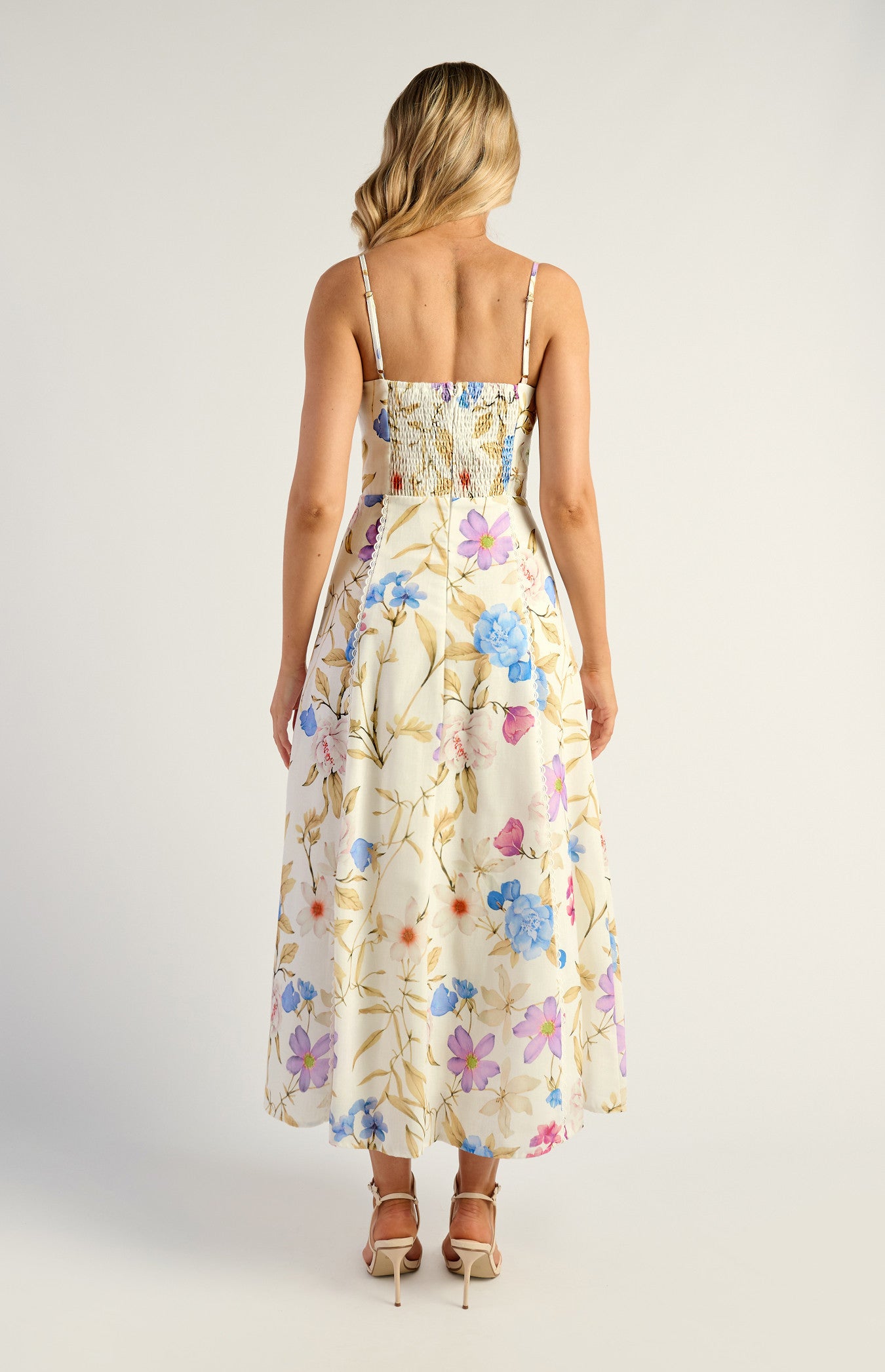 Botanica Floral Faux Linen Bust Detail Midi Dress - Cream Blue
