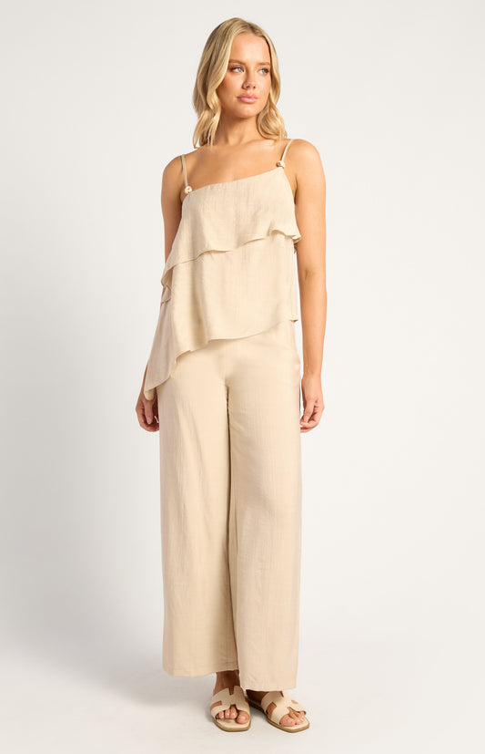 Marble Beaded Detail Two Tiered Asymmetric Top And Pants Set - Beige