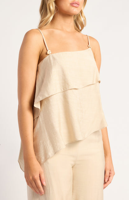 Marble Beaded Detail Two Tiered Asymmetric Top And Pants Set - Beige