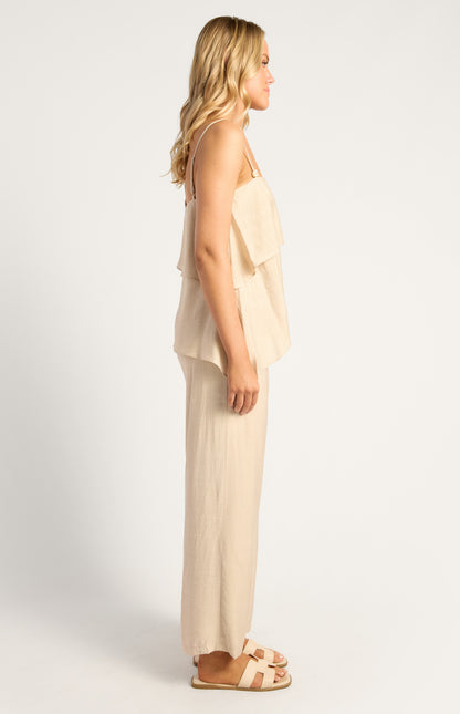 Marble Beaded Detail Two Tiered Asymmetric Top And Pants Set - Beige