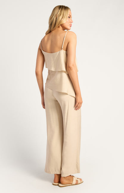 Marble Beaded Detail Two Tiered Asymmetric Top And Pants Set - Beige