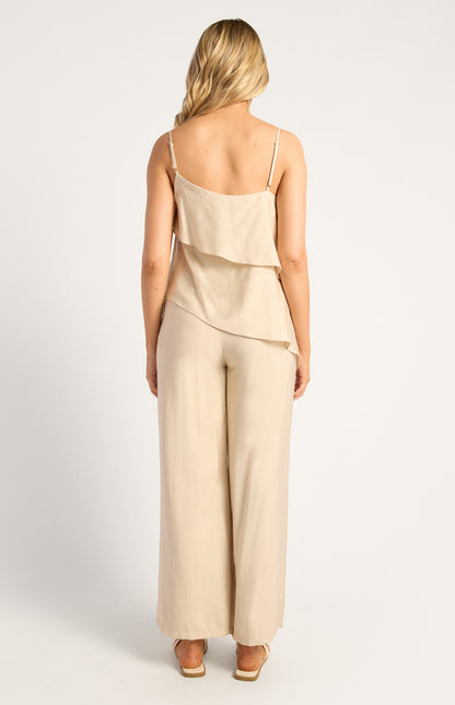 Marble Beaded Detail Two Tiered Asymmetric Top And Pants Set - Beige